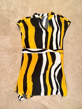 Striped Yellow Black White Belted Dress
